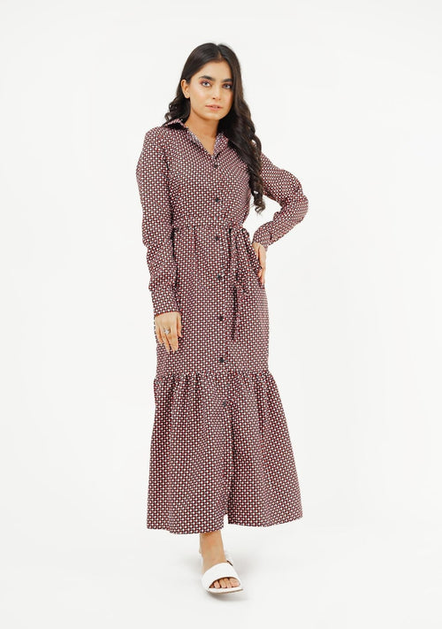 Nine90nine Front Button Long Sleeve Maxi Dress - Black, Red And White Geometric Print