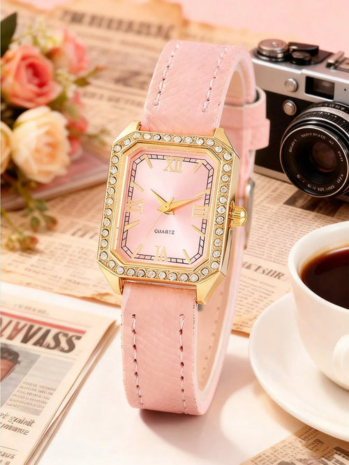 Shein - 1pc Women's Elegant Fashion Bar Scale Dial Leather Strap Quartz Watch