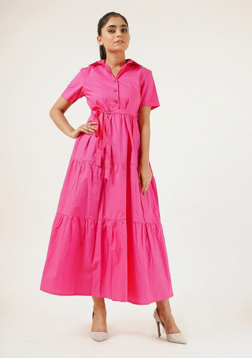 Nine90nine Short Sleeve Collared Dress - Fuchsia Pink