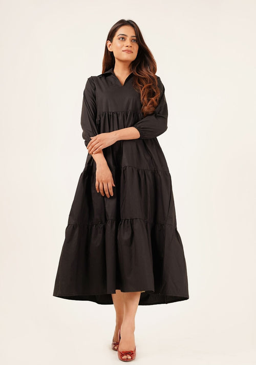 Nine90nine- V Neck Collared Dress - Black