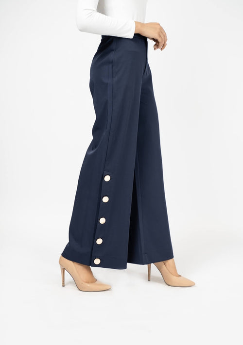 Nine90nine- Wide Leg Side Slit Pant (metal Button) - Navy Blue