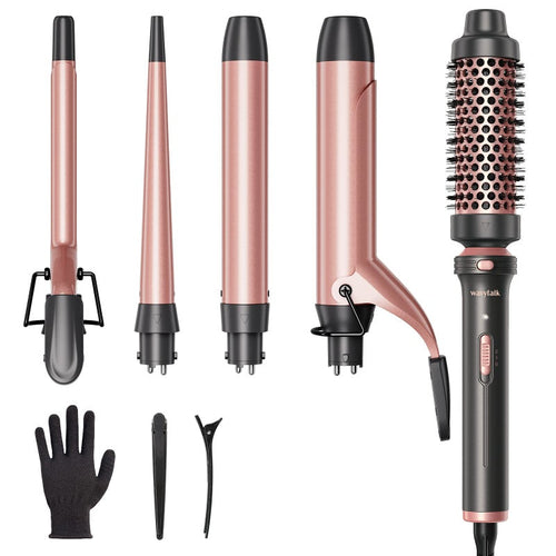 Wavytalk - 5 In 1 Curling Iron Set With Curling Brush And 4 Interchangeable Ceramic Curling Wand (0.35"-1.25”), Instant Heat Up, Dual Voltage Hair Curler