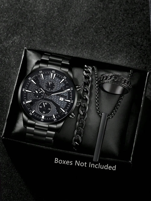 Shein - Fashion Men's Quartz Watch Set With Calendar Function, Zinc Alloy Case And Strap, Round Dial
