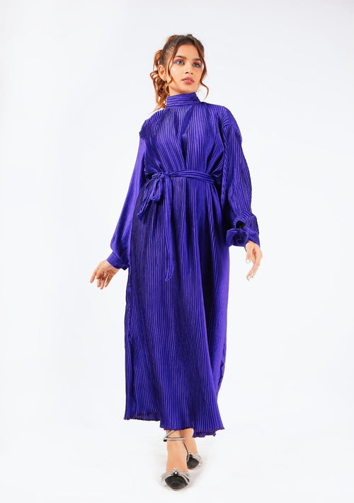 Nine90nine- Pleated Long Sleeve Maxi Dress - Royal Blue (pleated Fabric)