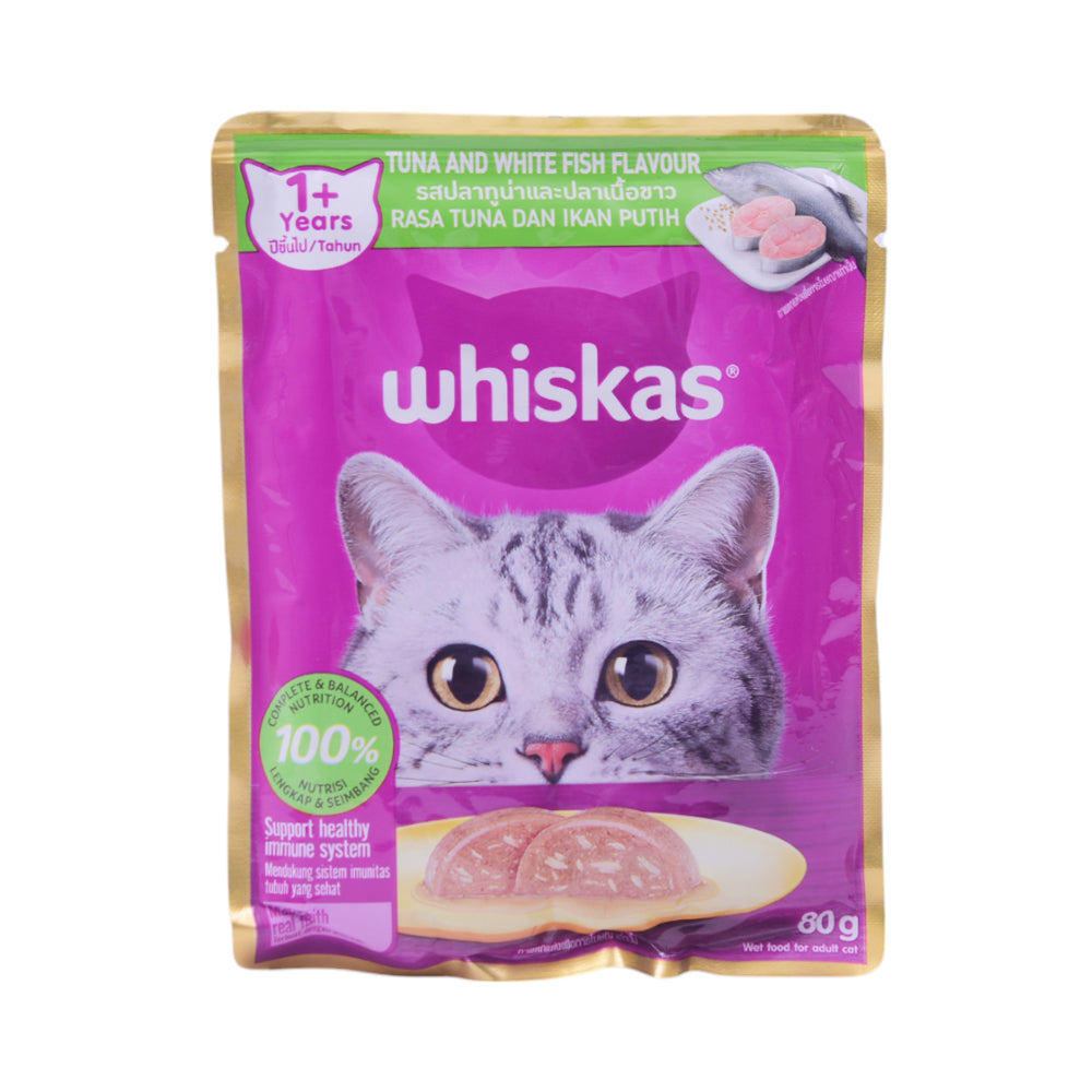 WHISKAS CAT FOOD TUNA & WHITE FISH FLAVOUR 1+YEAR POUCH 80 G