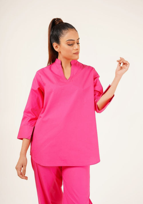 Nine999- High Low V Neck Shirt - Fuchsia Pink