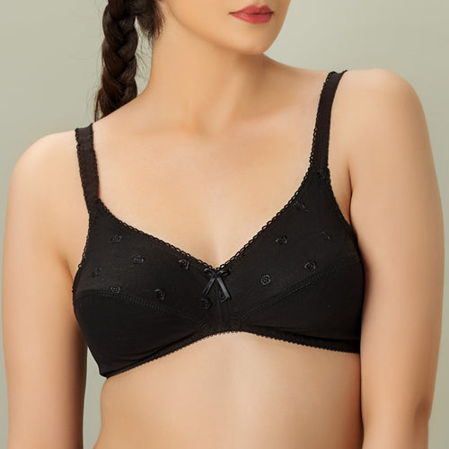 Bebelle - Tulips, Cotton Embroidered Unpadded Bra - Black