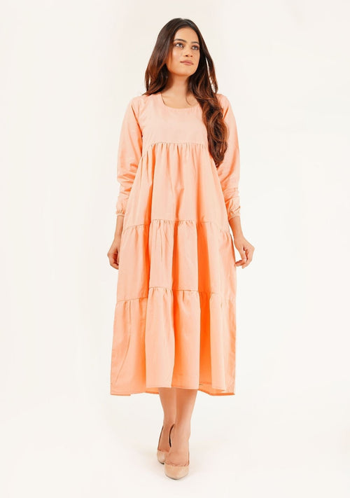 Nine999- Full Sleeve Pleated Dress - Peach