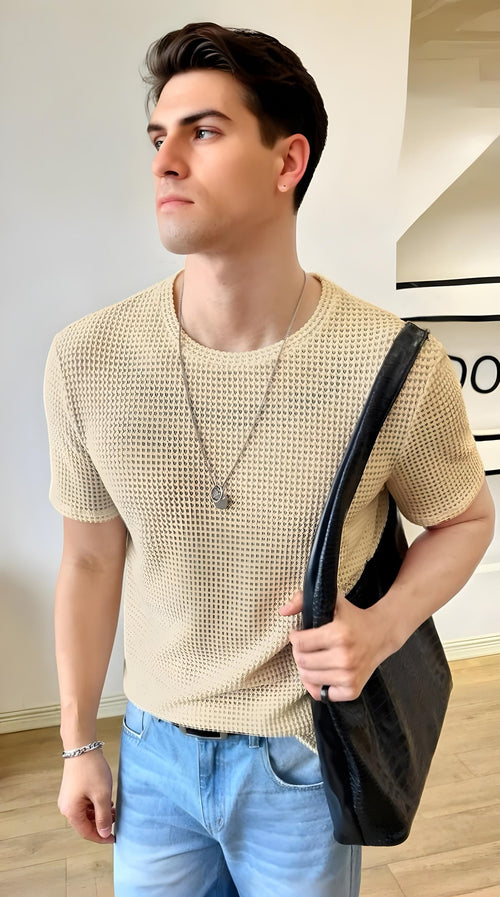 Vybe - Oversized Waffle Knit Tee For Men - Biege
