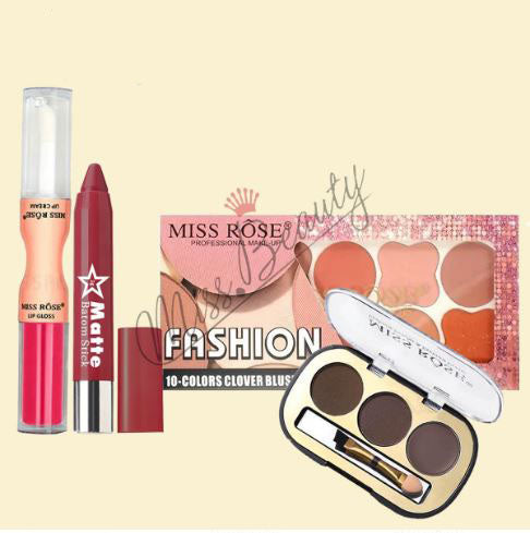 Miss Rose - Pack Of 4 Makeup Deal In Random ( 10-colors Clover Blusher Palette , Miss Rose - Matte Lip Crayon , Miss Rose - Pout Shape 2 In 1 Lip Oil + Lip Gloss , 3 Color Eyebrow Powder )