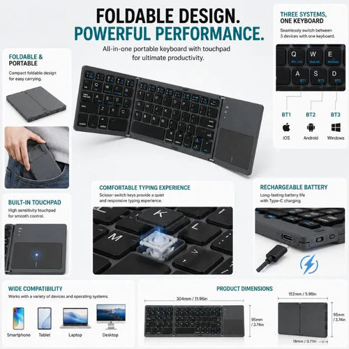 Foldable Bluetooth Keyboard with Multi-Touch Touchpad – Portable Wireless Keyboard for Phone, Tablet & Laptop