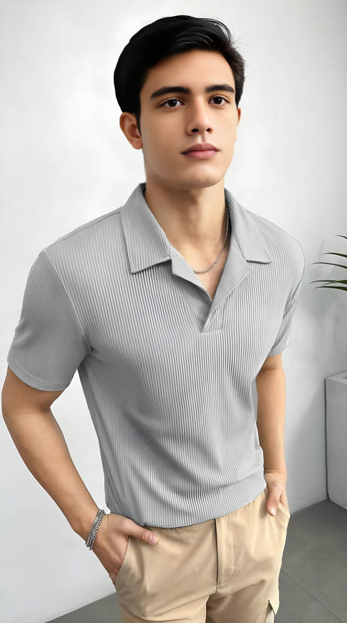 Vybe - Waffle Knitted Polo - Grey