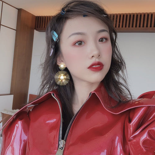 Shein- Summer Exaggeration Statement Long Gold Jewelry Fashion Making Parts Pearl Round Earrings Women
