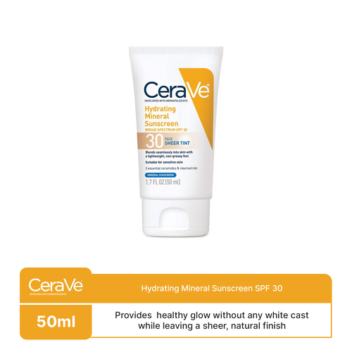 Cerave- Hydrating Mineral Sunscreen Spf 30 Face Sheer Tint 50ml