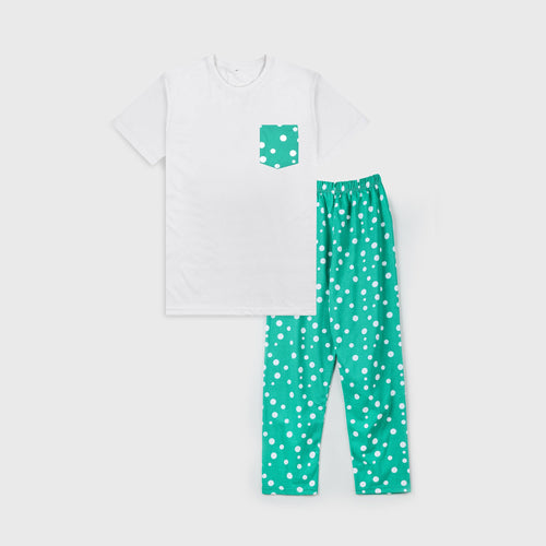Vybe - Cotton Pj Set (white) With Green Printed Pajama