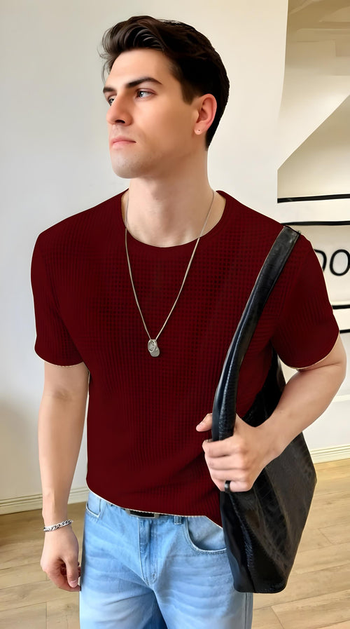 Vybe - Oversized Waffle Knit Tee For Men - Maroon