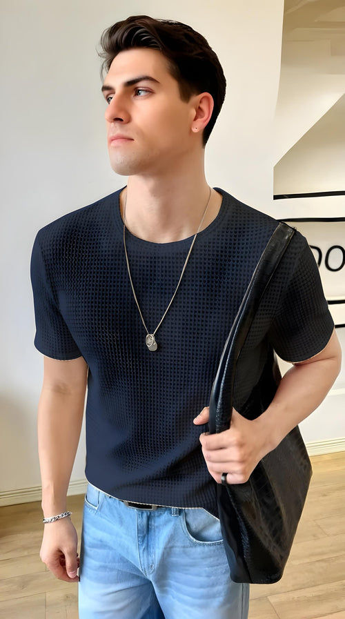 Vybe - Oversized Waffle Knit Tee For Men - Navy Blue