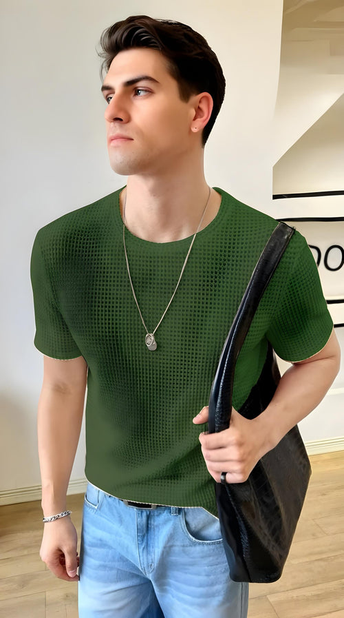 Vybe - Oversized Waffle Knit Tee For Men - Olive