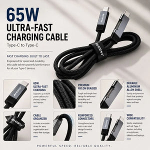 RECRSI 65W Ultra-Fast Type-C to Type-C Braided Charging Cable – Fast Charging & Data Sync Cable