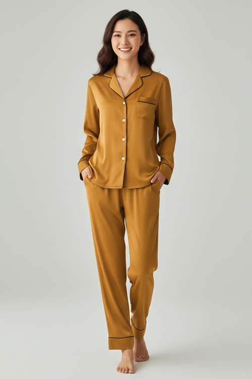 Vybe - Premium Silk Pajama Suit - Camel