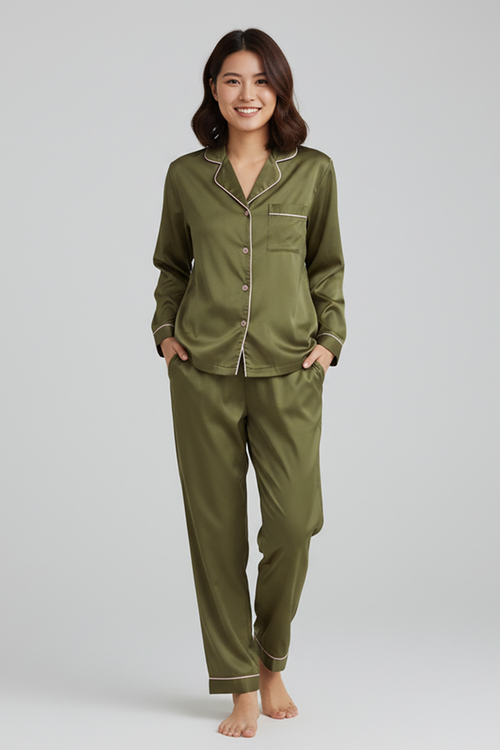 Vybe - Premium Silk Pajama Suit - Olive