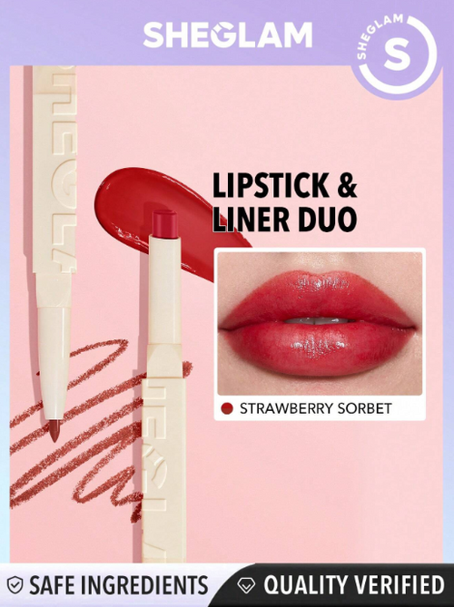 Shein Sheglam - Glam 101 Sheer Tinted Lipstick & Liner Duo-strawberry Sorbet 2-in-1 Moisturizing Glossy Lip Combo