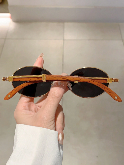 Shein - New Retro Oval Frame Fashion Glasses With Trendy Wood-look