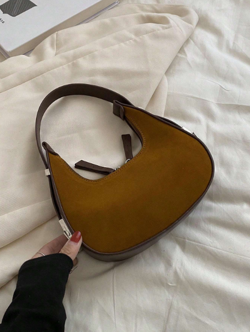 Shein - 1pc Brown Matte Finish & Pu Leather Crescent Tote Bag