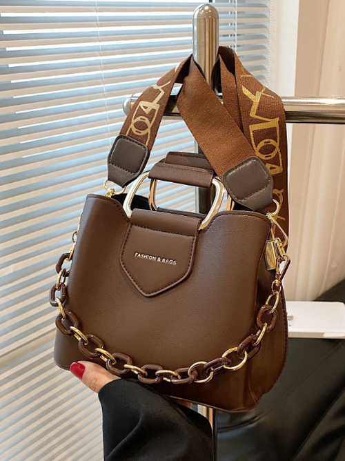 Shein - Containevery Lightweight,business Casual Mini Letter Detail Chain Decor Satchel Bag