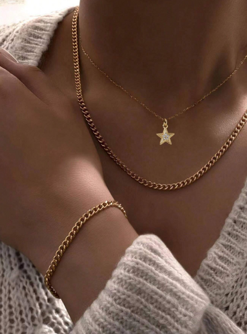 Shein - Nooxian 3pcs/set Women Fashion Star Cz Pendant Multilayer Necklace And Bracelet Jewelry Set