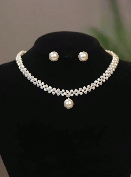 Shein - 3pcs/set Exquisite Minimalist Style Faux Pearl Necklace And Earring Set