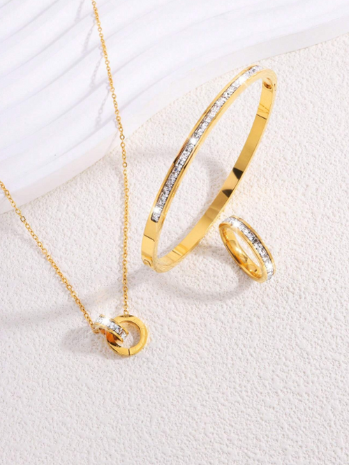 Shein - Camhanno 3 Pieces Of Exquisite And Fashionable Stainless Steel Single-row Diamond Bracelet + Earrings + Necklace Set
