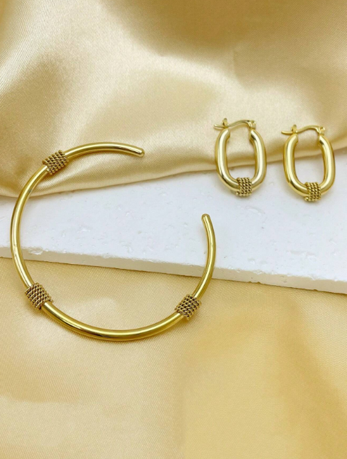 Shein - 3pcs Stainless Steel Retro Gold Bracelet Set, Simple Chain U-shaped Earrings, Designer Luxury Earrings