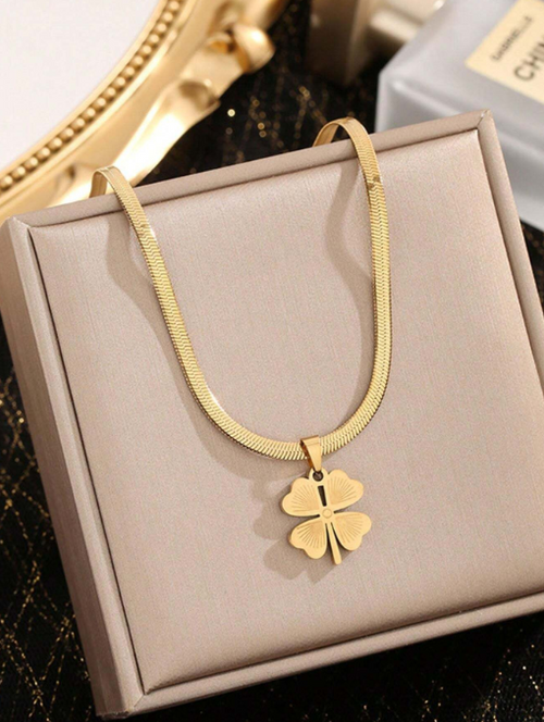 Shein - Luxury 1pc Clover Jewelry Set For Women - 18k Golden Plated Stainless Steel Necklace And Earrings Set