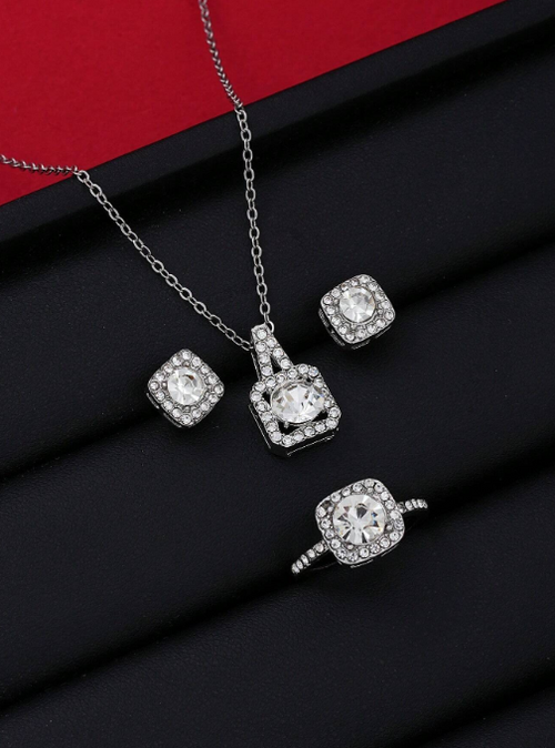 Shein - 4pcs/set Fashionable Minimalist Luxury Elegant Titanium Steel Cubic Zirconia Square Earrings, Ring, Pendant Necklace Jewelry Set
