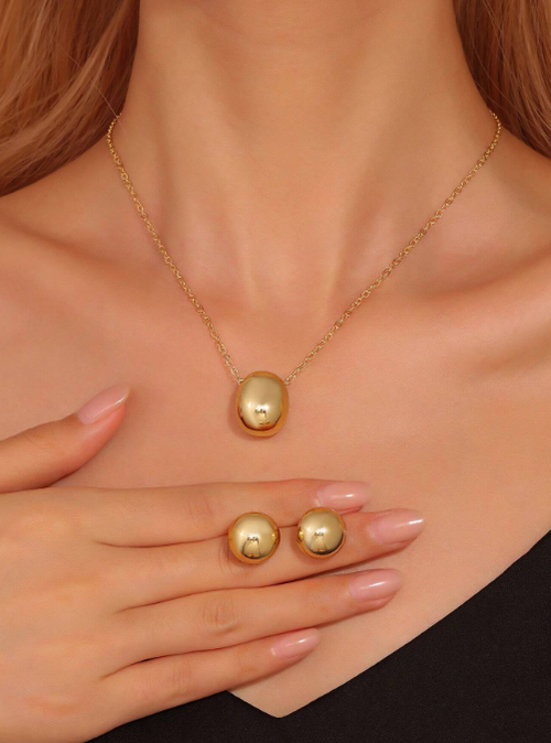 Shein - 3pcs Women's Gold Fashion Versatile Water Drop Personalized Pendant Necklace Earnail Jewelry Set