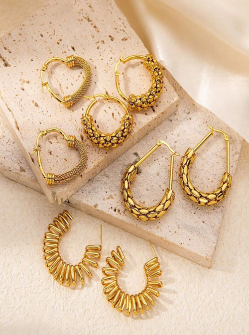 Shein - 8pcs Trendy Minimalist Geometric U-shape Hollow Textured Earrings