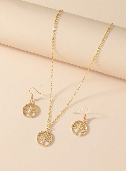 Shein - 1set Tree Of Life Pendant Necklace And Earrings For Women
