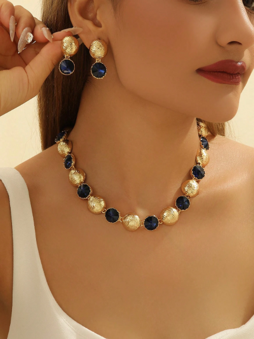 Shein - 3pcs/set Vintage Round Wave Patterned Navy Blue Crystal Jewelry Set
