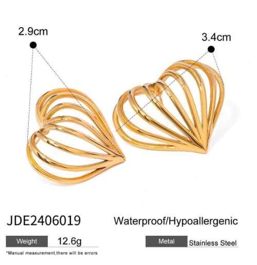 Shein - Fashion Tarnish-proof 18k Gold Plated Stainless Steel Chunky Smooth Hollow Heart Earring Hypo-allergenic Women Jewelry Party Gift