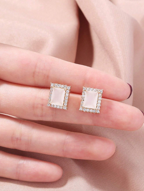 Shein - Nooxian 1pair Simple Elegant Micro-inlaid Zirconia & Opal Square Stud Earrings