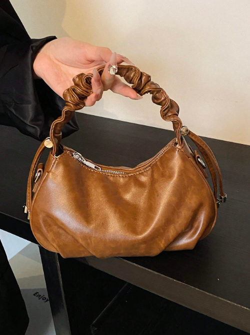 Shein - A Brown Pu Elegant Simple Retro Style Pleated Twist Drawstring Zipper Hand-held Crescent Bag