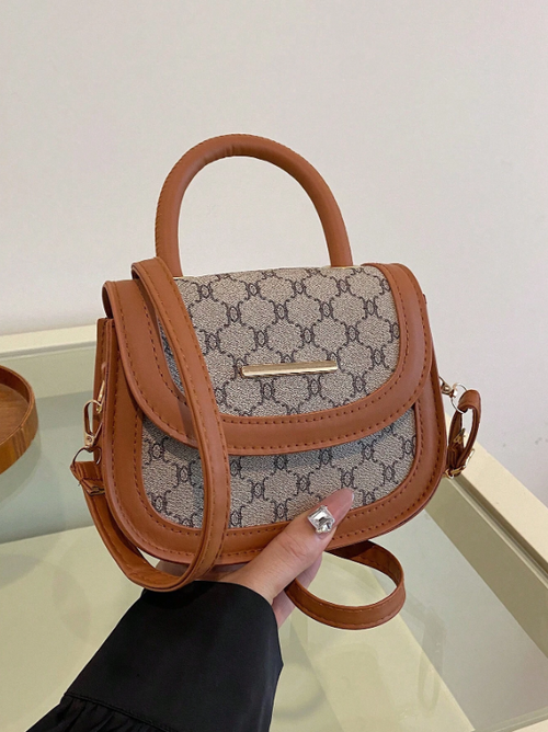 Shein - 1pc Brown Pu Leather Decorated Metal Clasp Plaid Fashion Casual Tote Bag