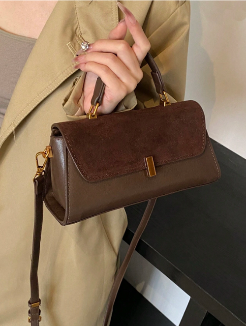 Shein - 1pc Women Retro Suede-like Fashion Handbag, Pu Patchwork One Shoulder Bag