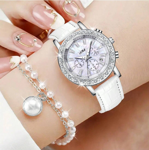 Shein - 2pcs Women's Watch Bracelet Set Fashion Casual Three-dial Calendar Waterproof Leather Quartz Watches