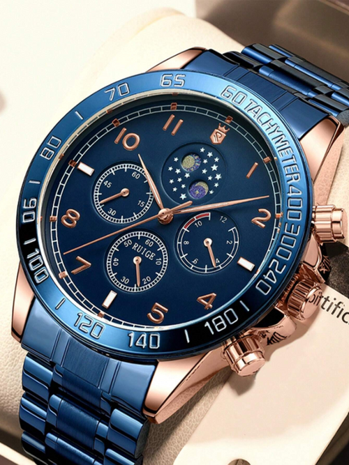 Shein - Ruig Ruige Men Quartz Luxury Sport Moon Phase Display Stainless Steel Multifunctional Wristwatch