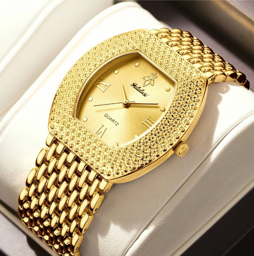 Shein - Yalalusi Luxury Tonneau Shaped Pointer Men's Quartz Watches Vintage Roman Fashion Pointer Watches Gold Watches