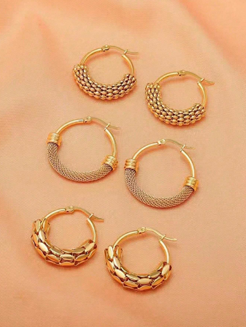 Shein - 6pcs 18k Gold Plated Titanium Steel Exaggerated Oval U-shaped Hoop Earrings
