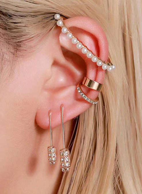 Shein - 5pcs/set Retro Creative Rhinestone Metal Personality Pearl Earrings Set
