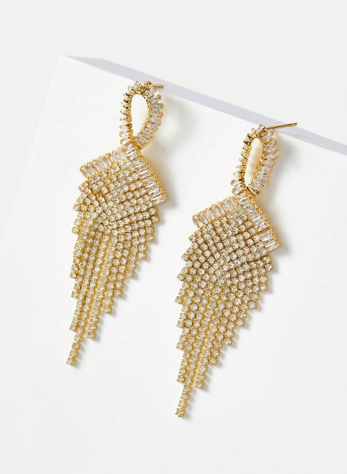 Shein - Motf Premium 18k Gold Plated Zirconia Inlaid Tassel & Rhinestone Elegant Earrings